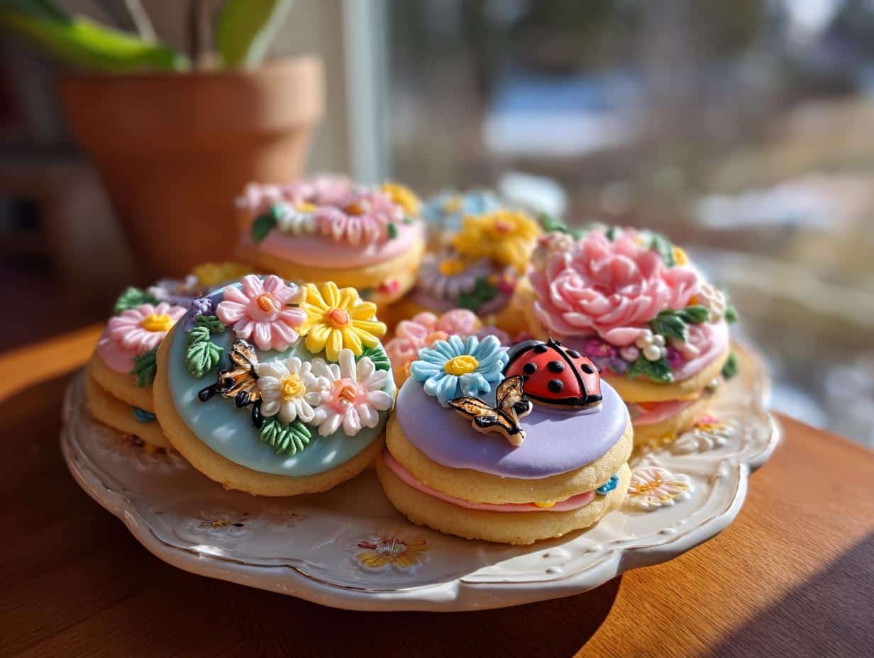 A plate of beautifully decorated spring cookies decorated circle, featuring flowers, butterflies, and ladybugs.