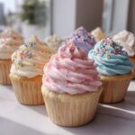 Assortment of colorful cupcakes with pastel frosting and sprinkles, showcasing best spring cupcake flavors.