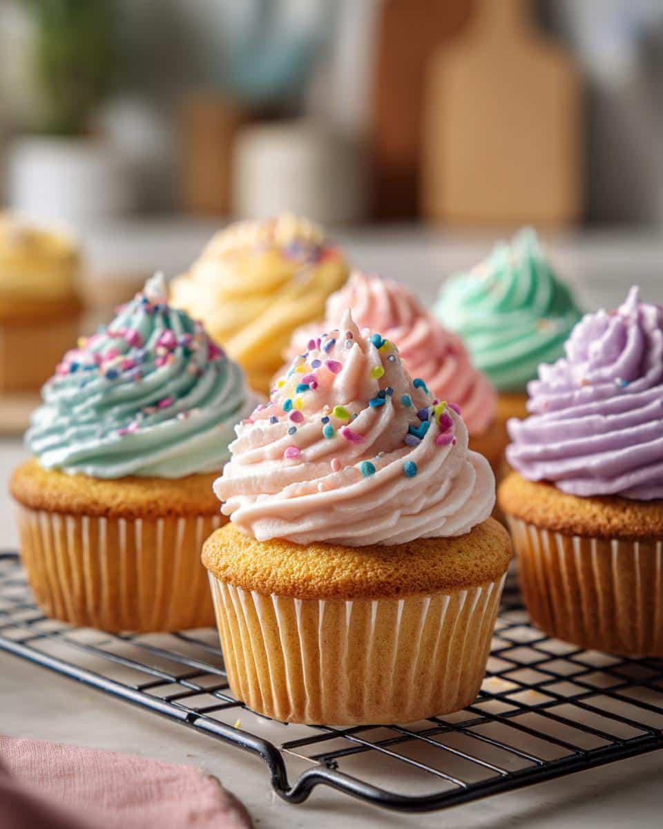 Assortment of colorful cupcakes with pastel frosting and sprinkles, showcasing best spring cupcake flavors.