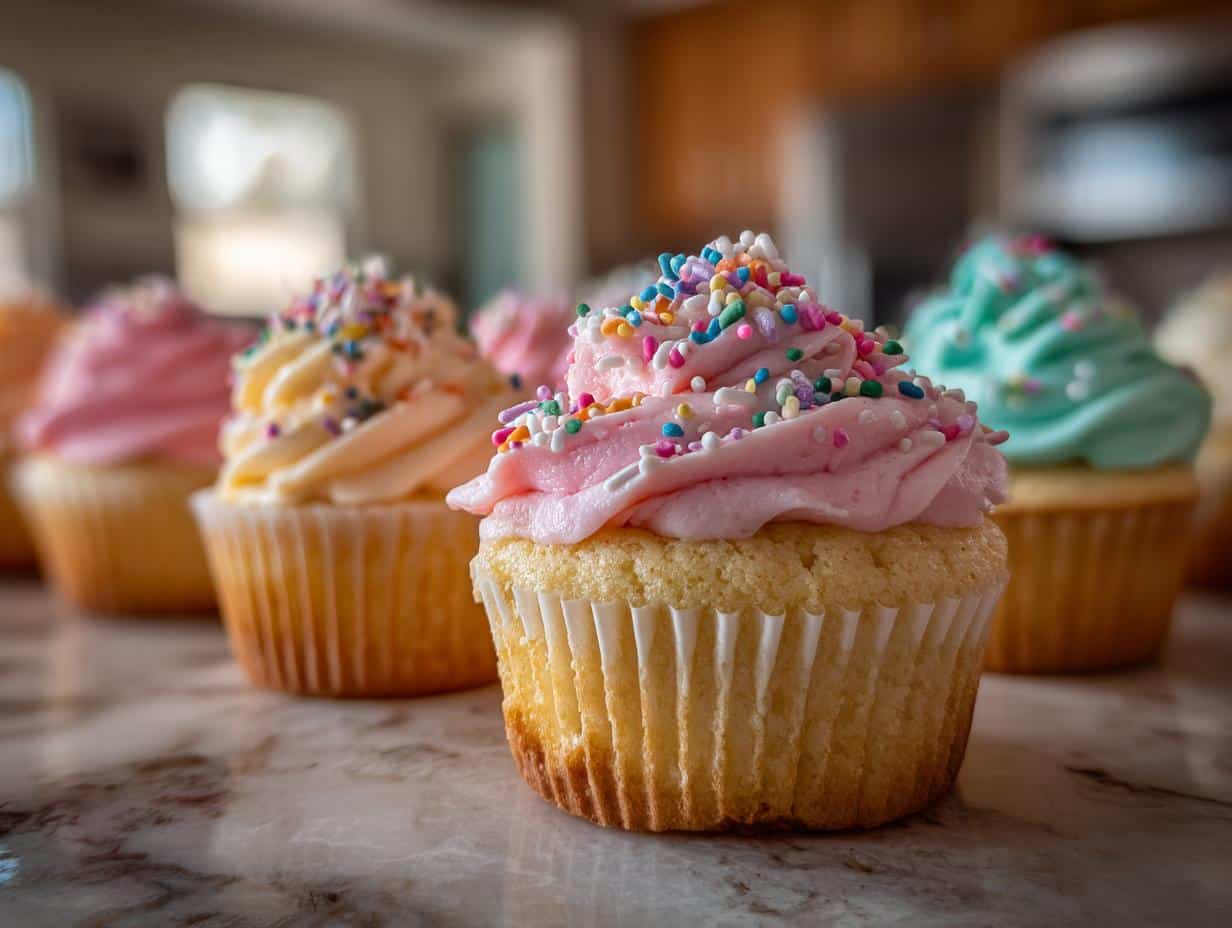 A row of colorful cupcakes, showcasing some of the best spring cupcake flavors, topped with pastel frosting and sprinkles.