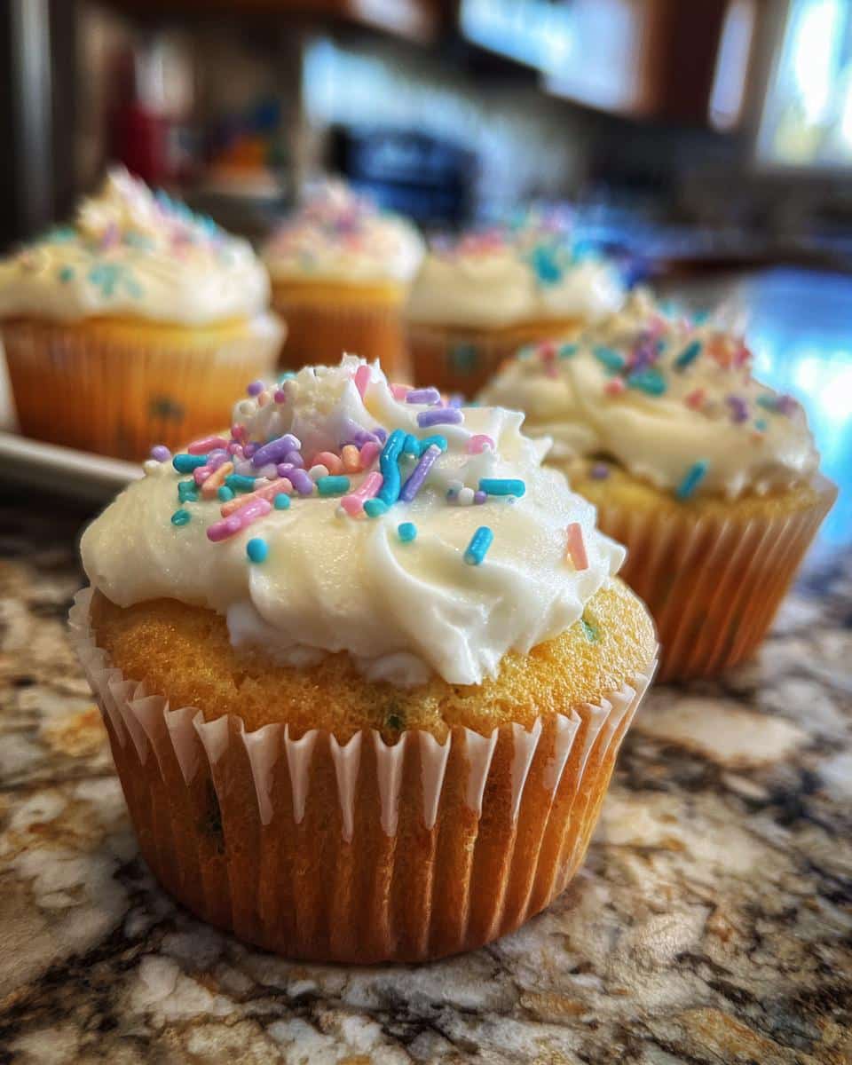 Close-up of spring cupcake flavors with white frosting and colorful sprinkles. Perfect for a spring dessert.