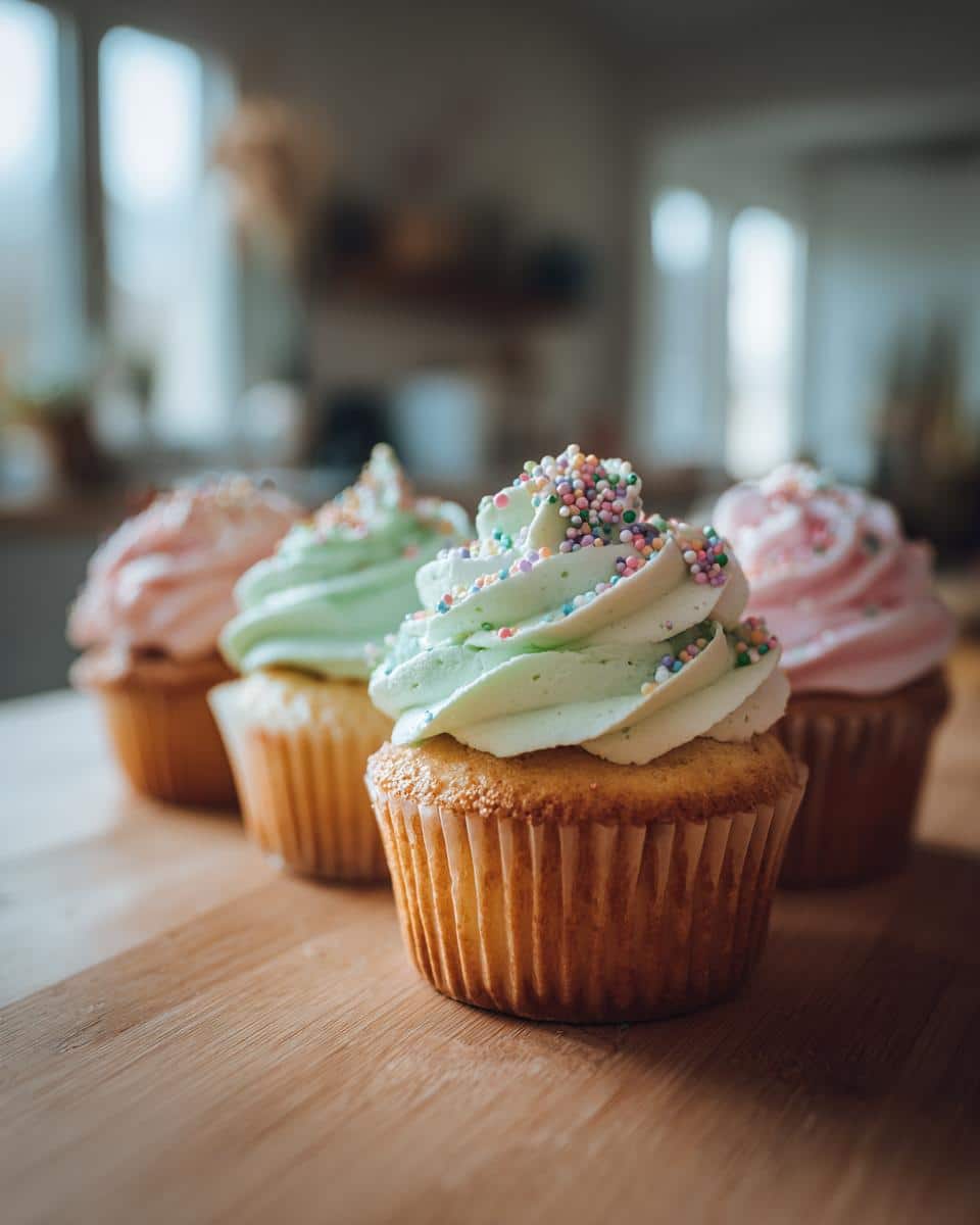 Four cupcakes with pastel frosting and sprinkles, showcasing best spring cupcake flavors.