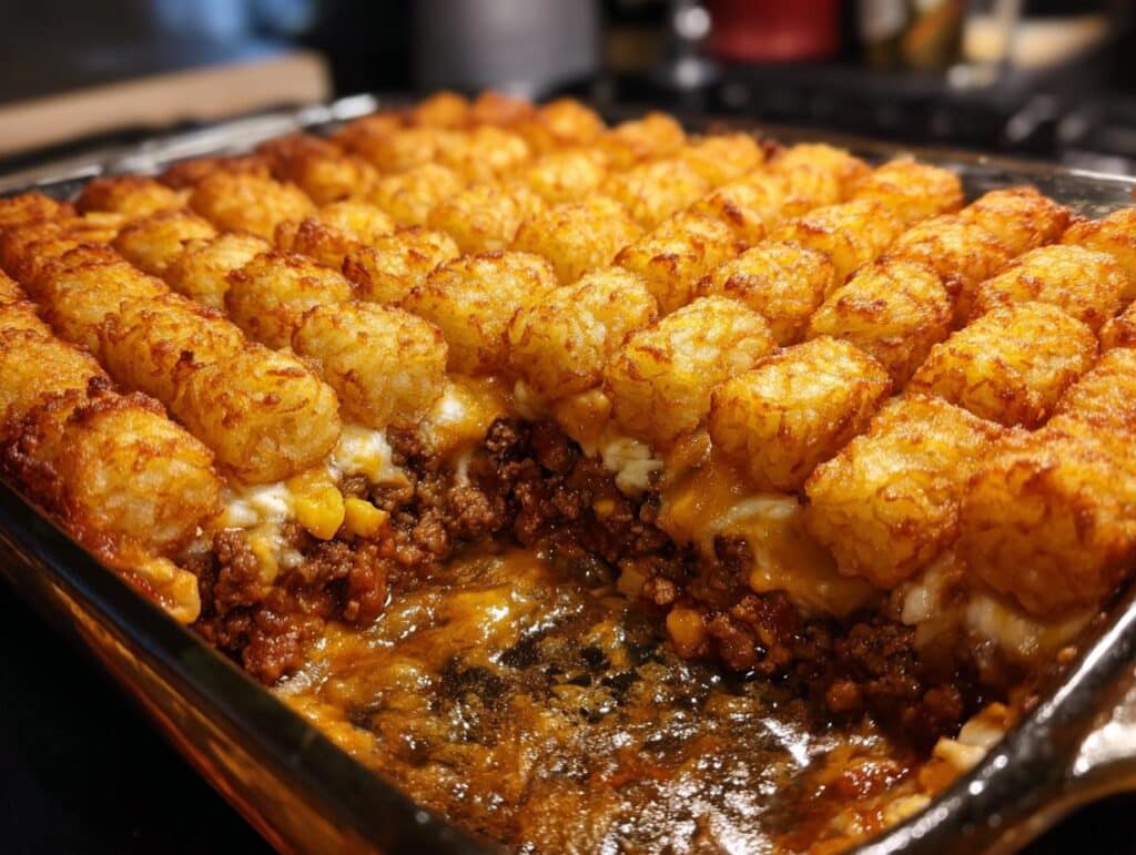 Close-up of a delicious tator tot casserole with ground beef and veggies in a glass baking dish.