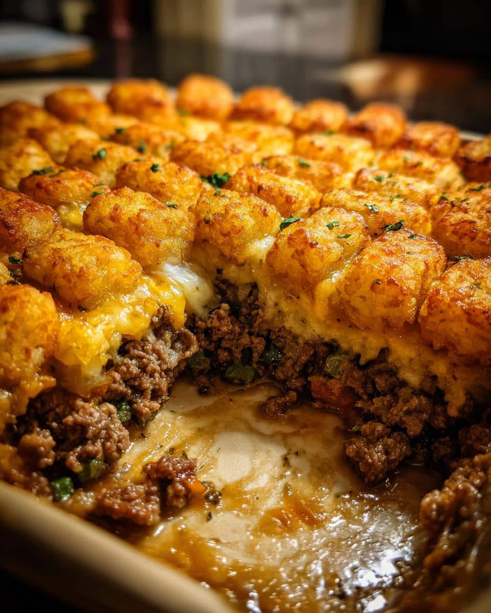 Close-up of tator tot casserole with ground beef and veggies, showing layers of tater tots, cheese, and beef filling.