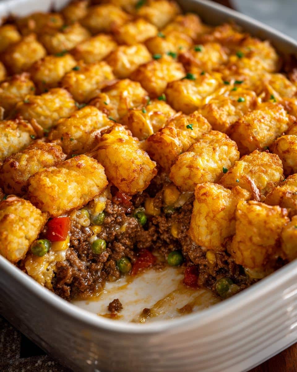 Close-up of tator tot casserole with ground beef and veggies in a baking dish, showing the layers.
