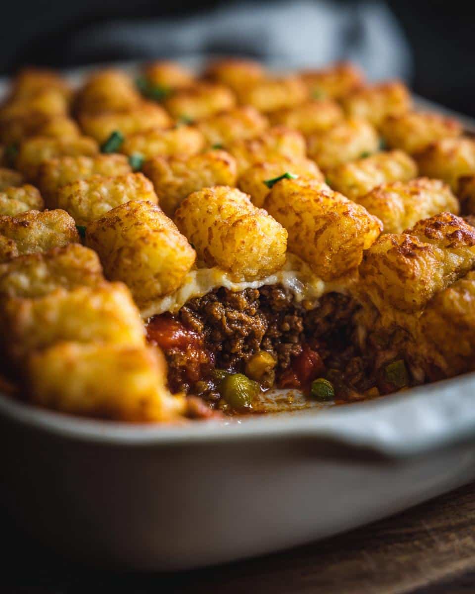 Close up of a Tator Tot Casserole with ground beef and veggies in a white baking dish.