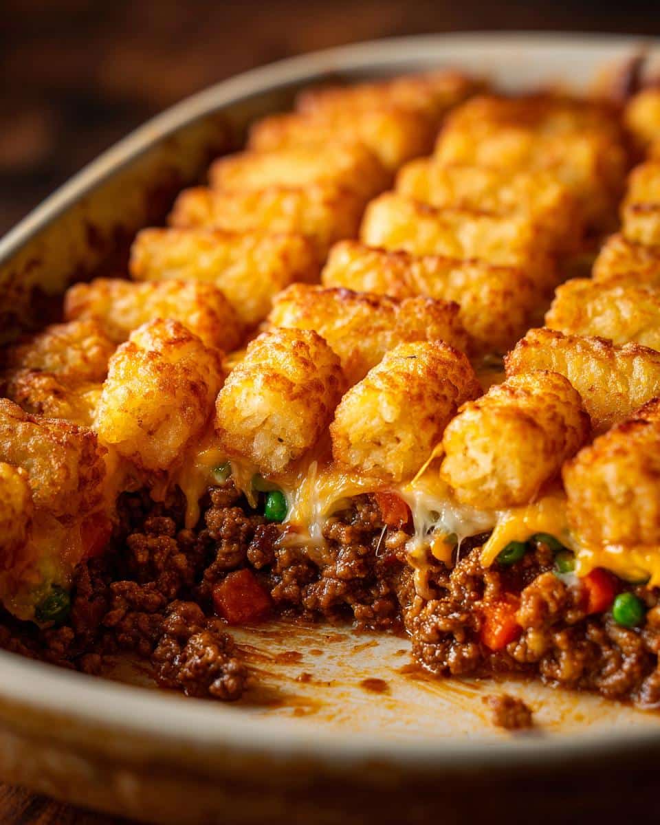 Close-up of tator tot casserole with ground beef and veggies, showing layers of tater tots, cheese, and beef mixture.