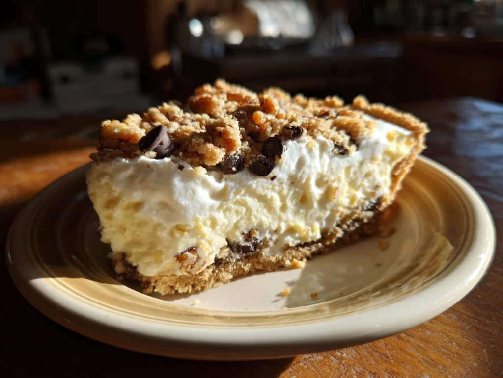 A slice of Texas Trash Pie no coconut, featuring a graham cracker crust, creamy filling, and chocolate chip topping.