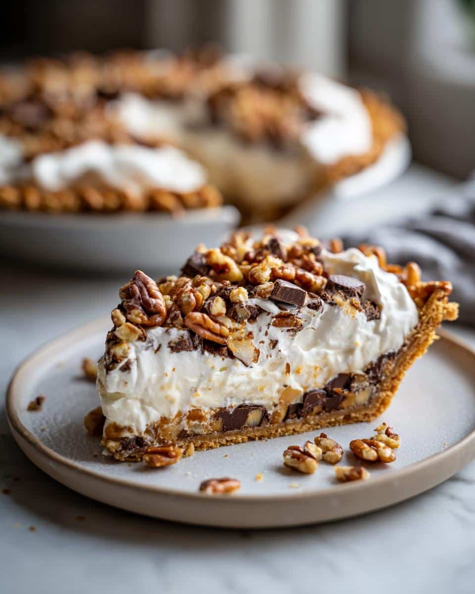 A slice of Texas Trash Pie Southern Living recipe, featuring layers of chocolate, cream, and nuts.