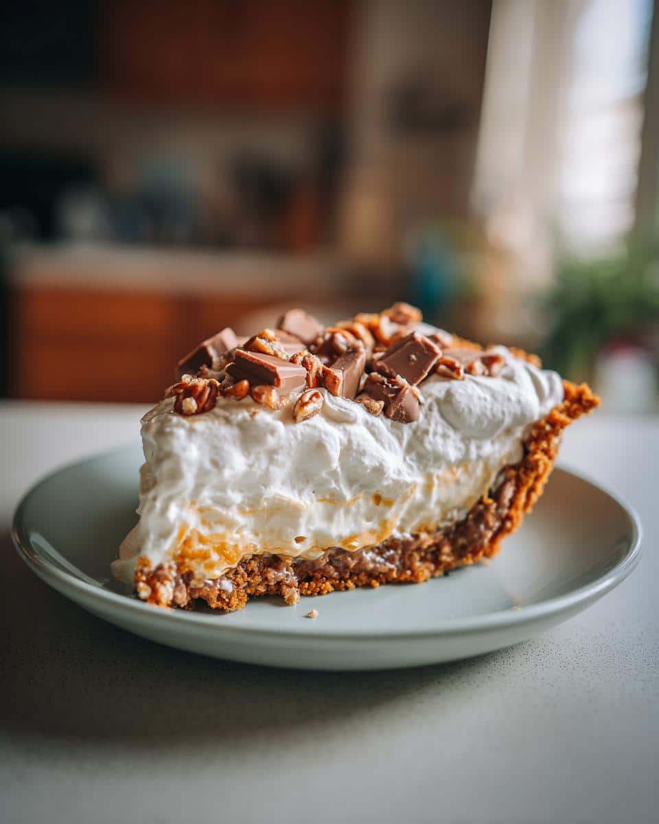 A slice of Texas Trash Pie Southern Living, topped with whipped cream, chocolate, and pecans on a plate.
