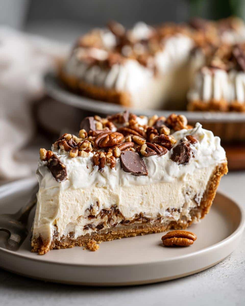 A slice of Texas Trash Pie Southern Living, topped with whipped cream, pecans, and chocolate chunks.