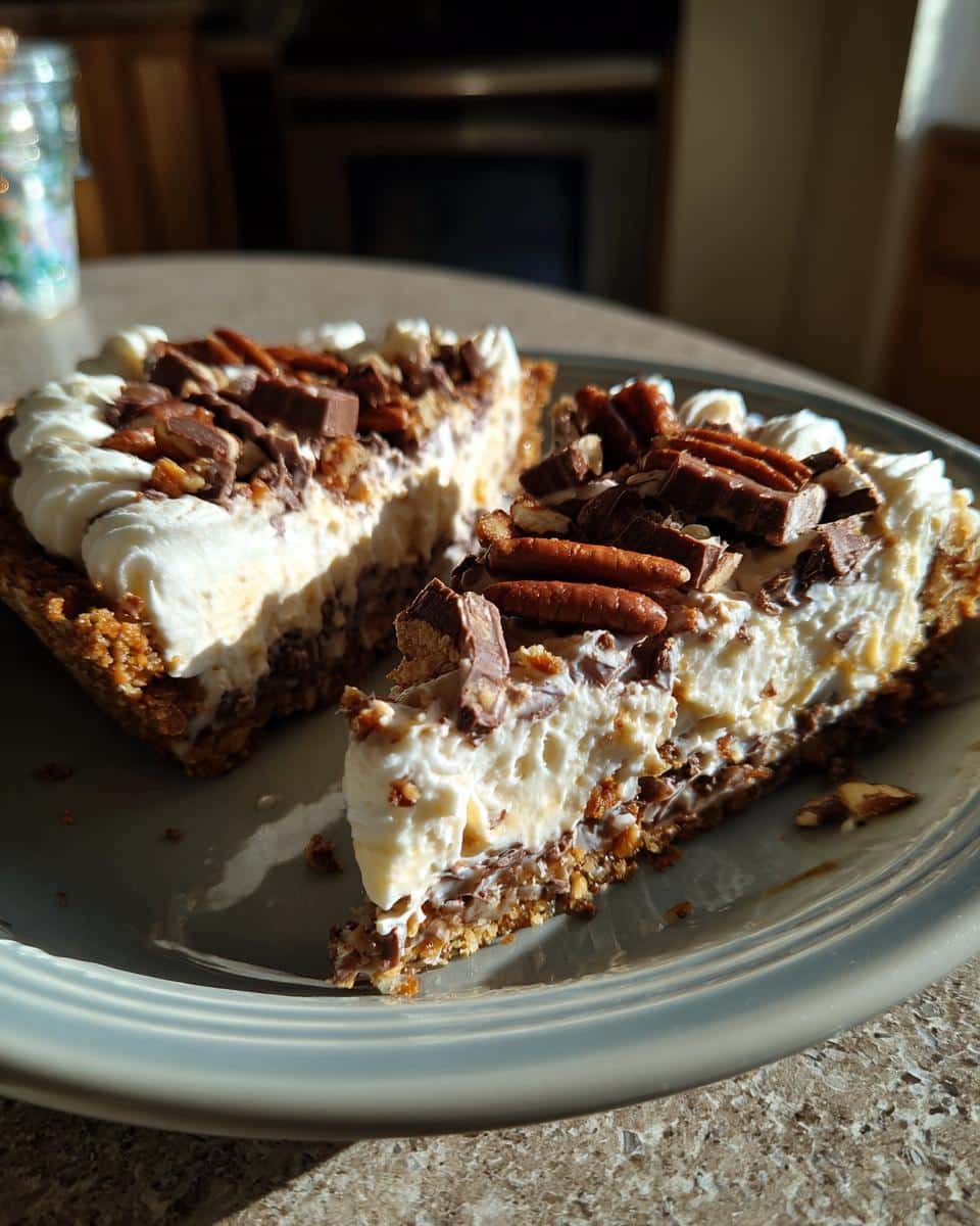 Two slices of Texas Trash Pie Southern Living, topped with whipped cream, pecans, and candy pieces.