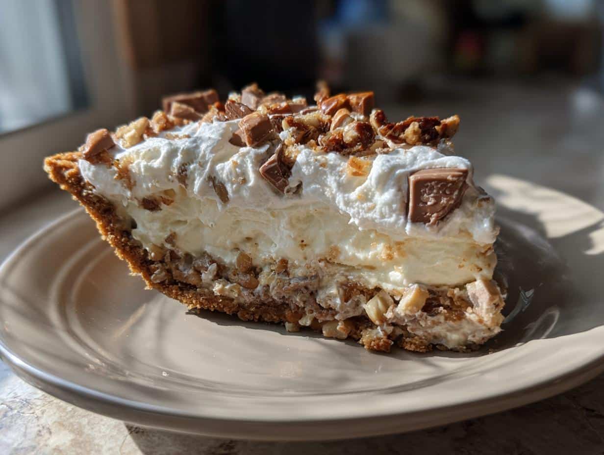 A delicious slice of Texas Trash Pie Southern Living, topped with whipped cream and candy pieces.