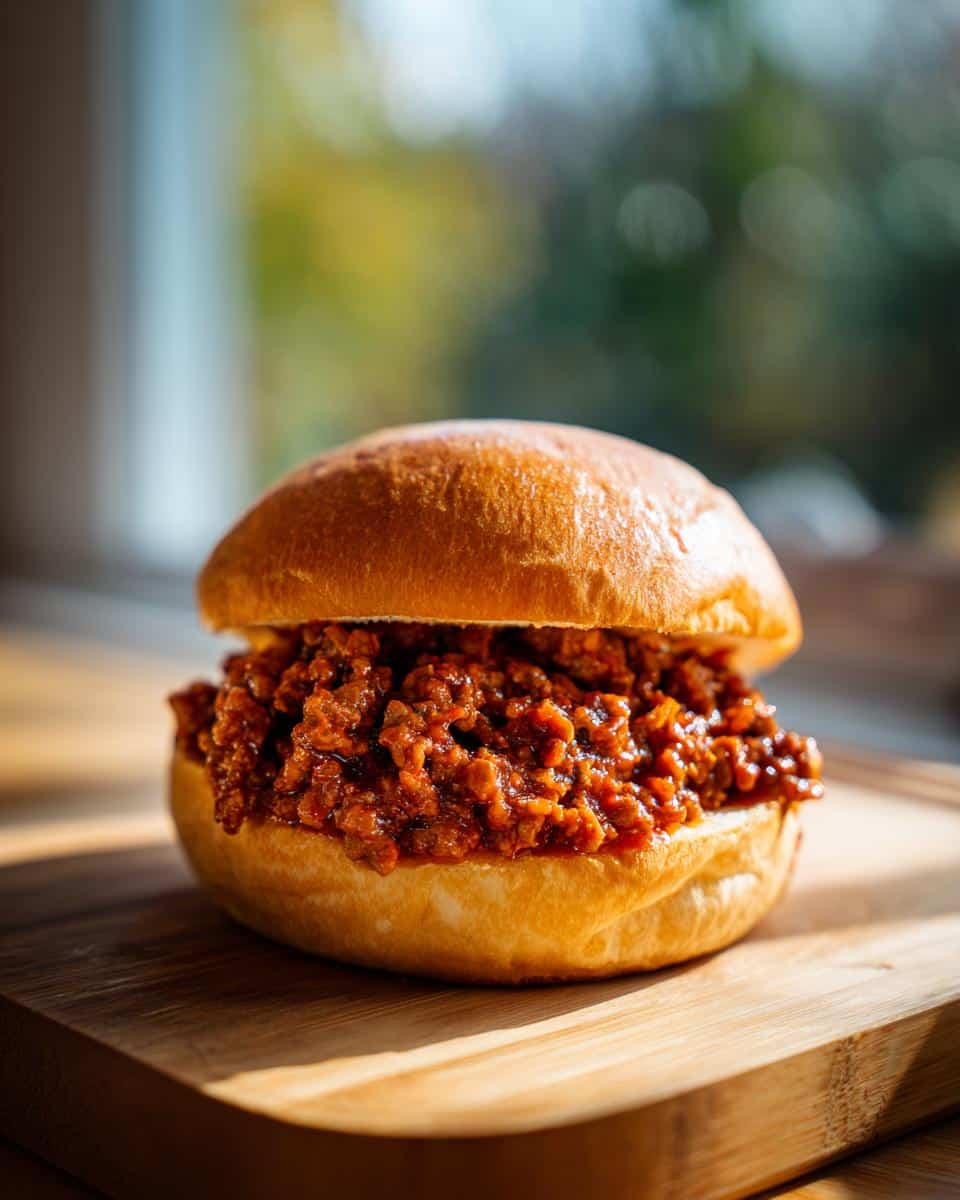A delicious 30 minute healthy turkey sloppy joe with homemade sauce on a brioche bun, served on a wooden board.
