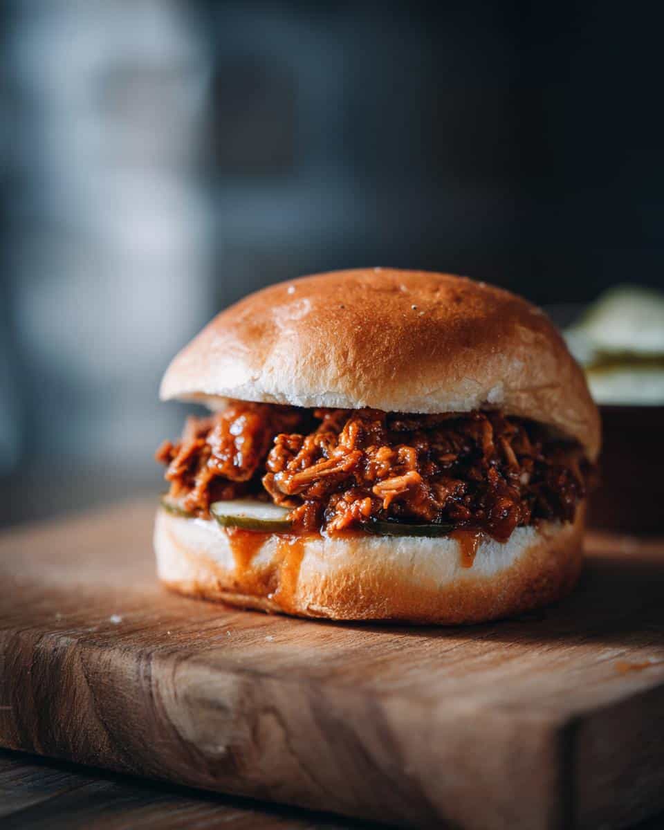 A delicious 30 minute healthy turkey sloppy joe with homemade sauce on a wooden board, featuring pickles.