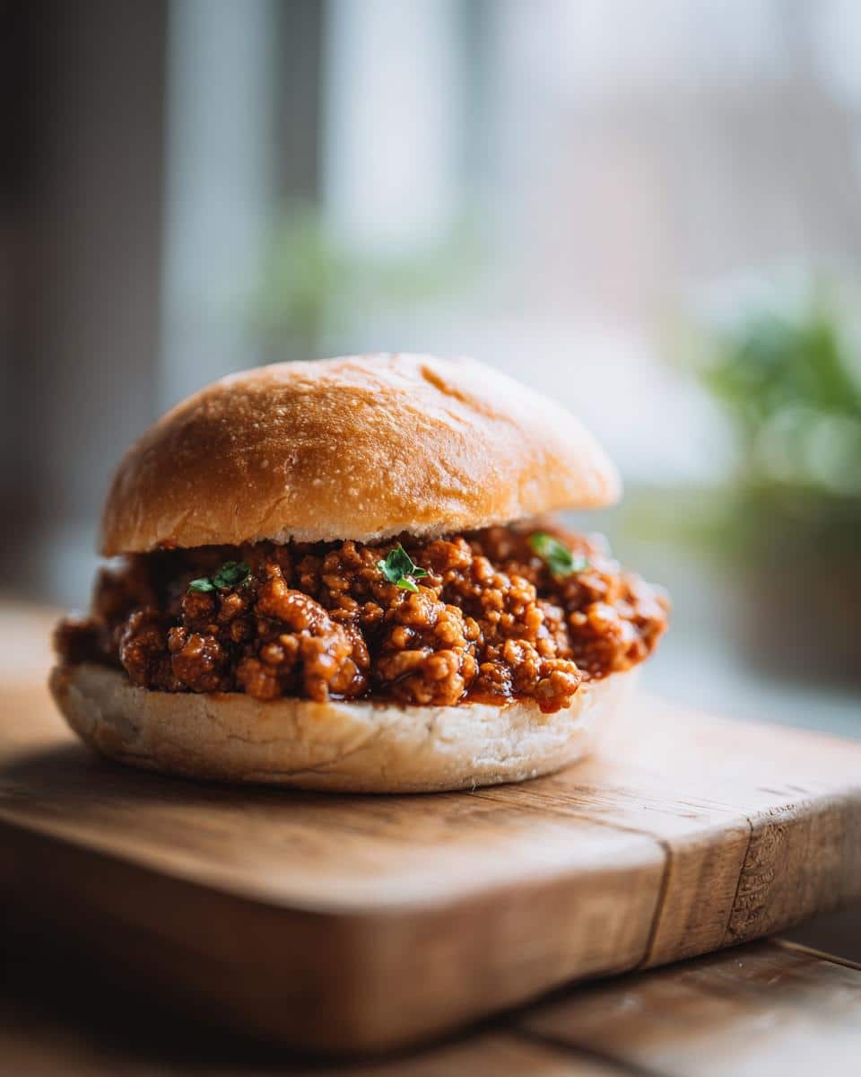 A delicious 30 minute healthy turkey sloppy joes with homemade sauce on a bun, garnished with parsley.