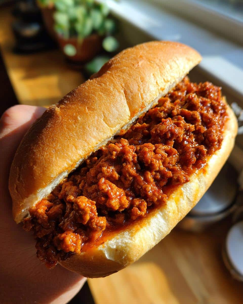 A hand holds a 30 minute healthy turkey sloppy joes sandwich, overflowing with homemade sauce.