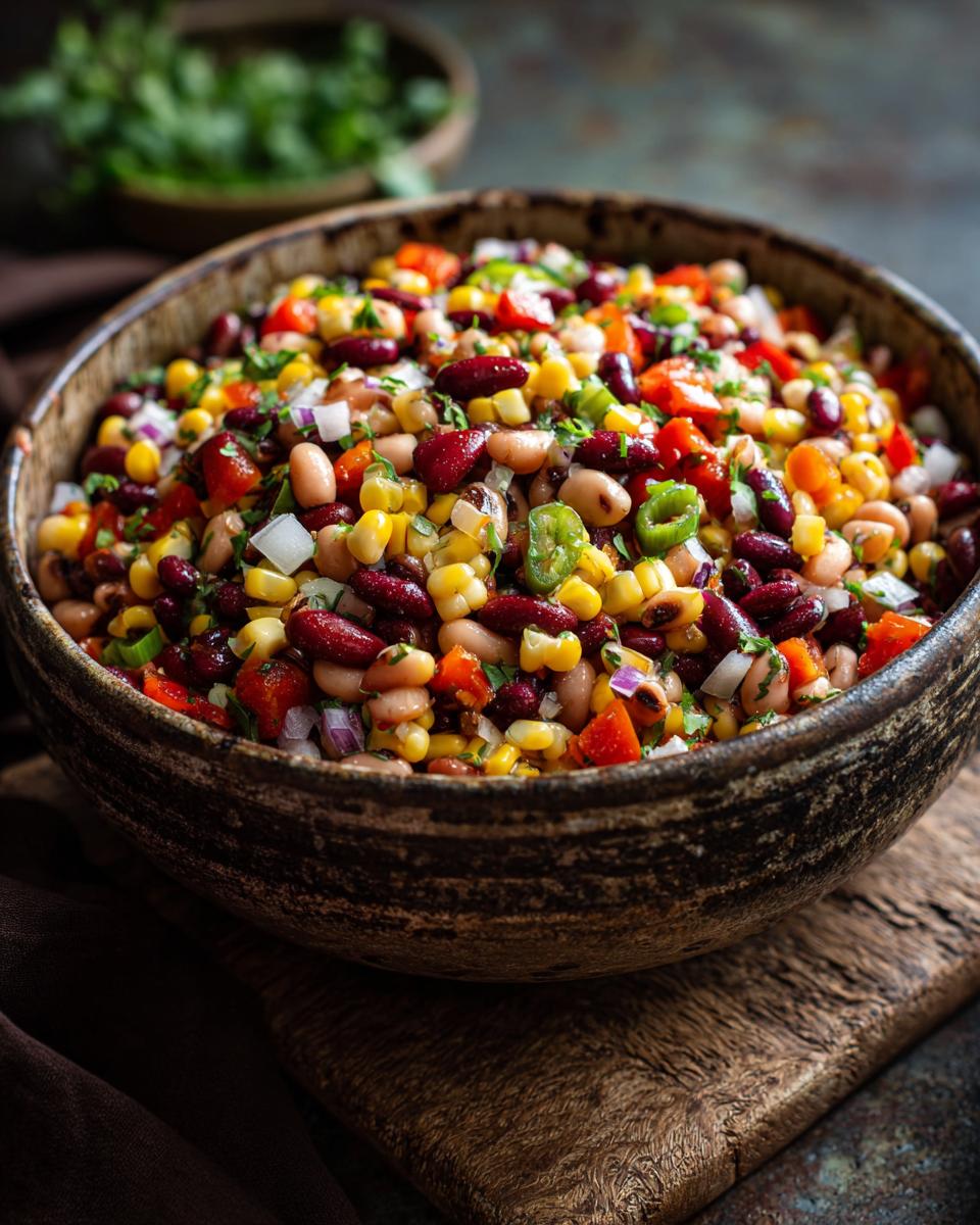 A rustic bowl filled with colorful 15-Minute Cowboy Caviar, featuring beans, corn, peppers, and onions.
