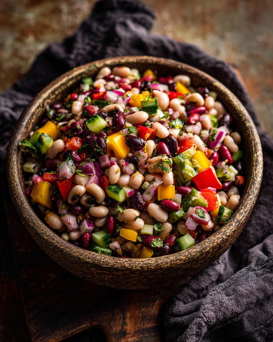 A wooden bowl filled with colorful 15-Minute Cowboy Caviar, featuring beans, peppers, onions, and herbs.