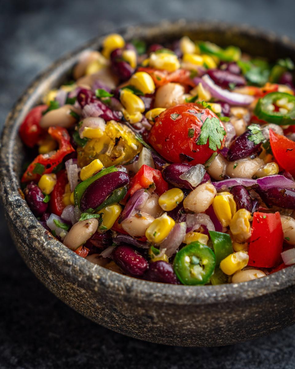 Close-up of vibrant 15-Minute Cowboy Caviar in a rustic bowl, featuring beans, corn, tomatoes, and peppers.