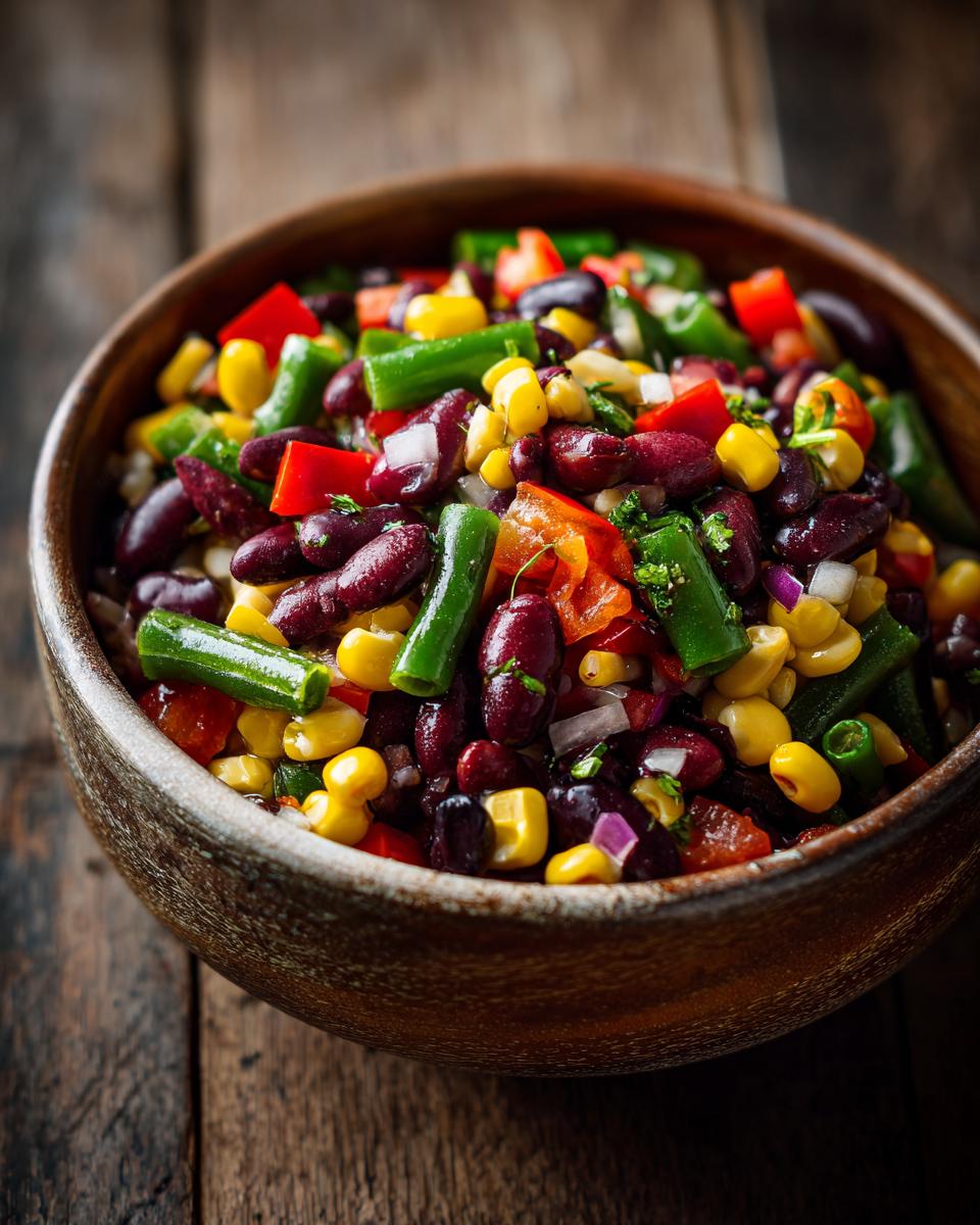 A colorful bowl of 15-Minute Cowboy Caviar with beans, corn, peppers, and onions.