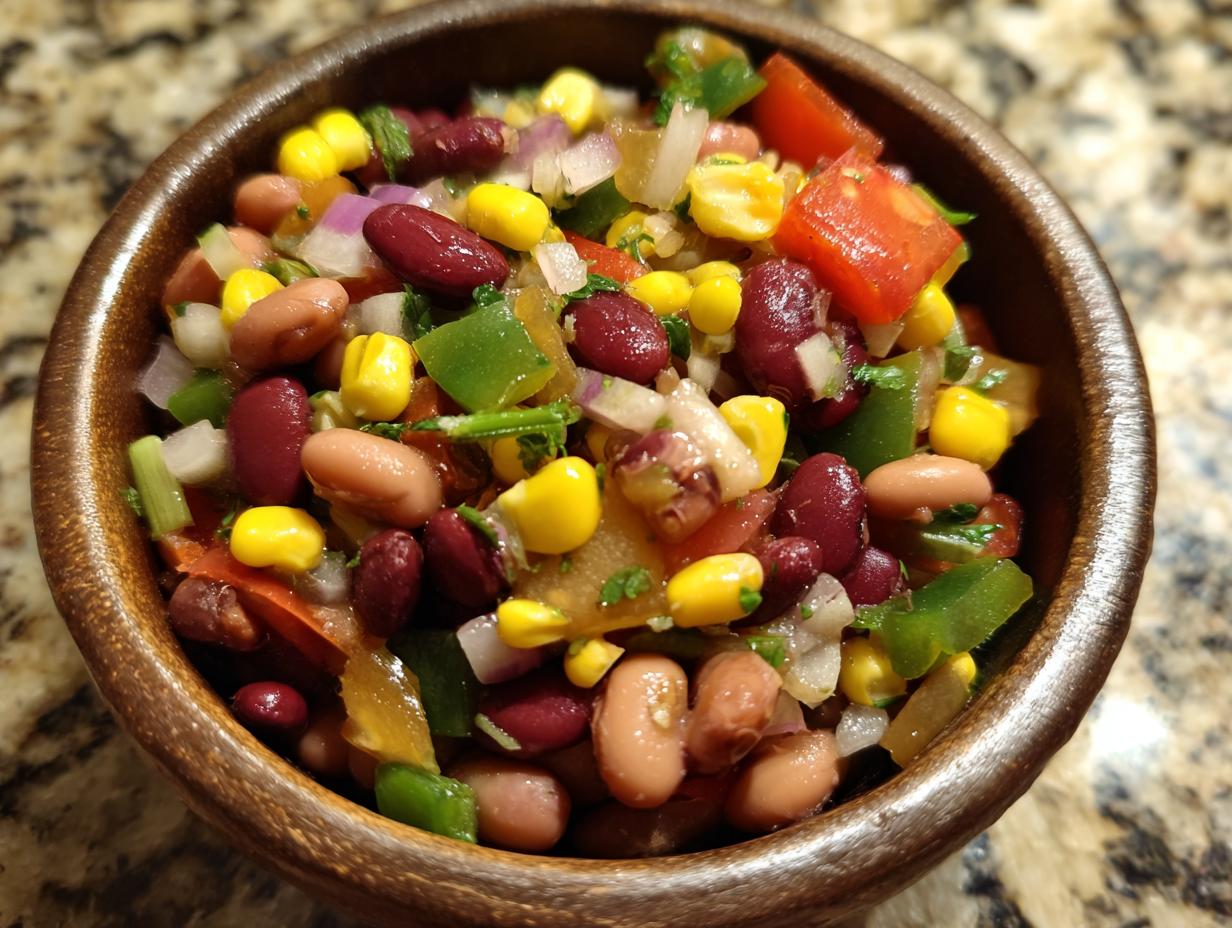 A wooden bowl filled with vibrant 15-Minute Cowboy Caviar, featuring beans, corn, tomatoes, and peppers.