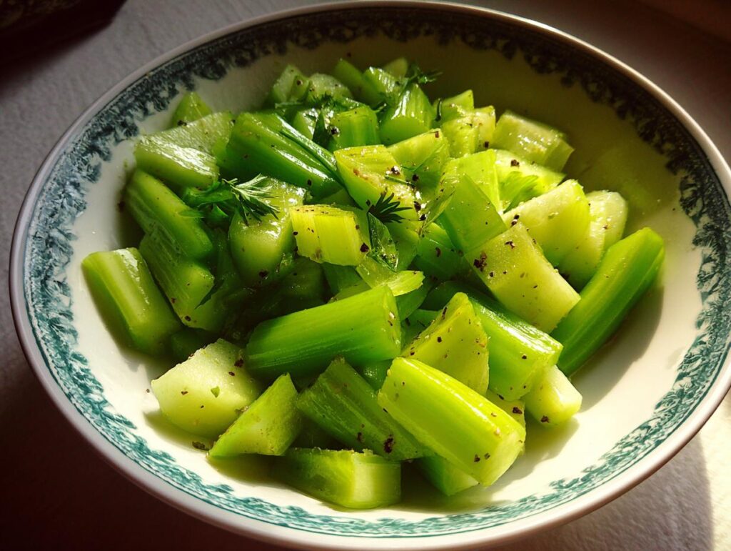 A bowl of fresh 15-Minute Crisp Celery Salad, chopped and seasoned, ready to serve.