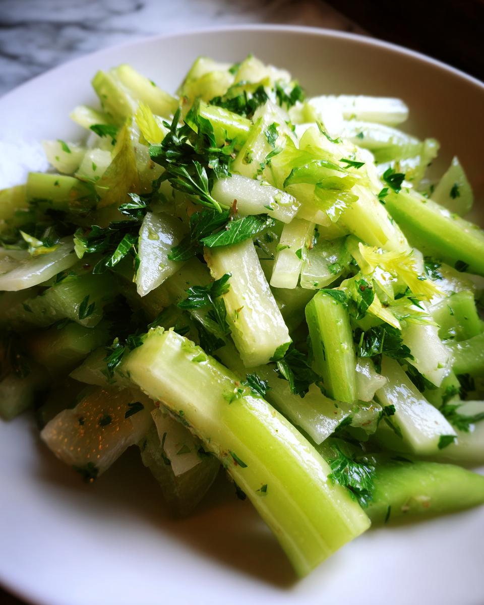 Close-up of a vibrant 15-Minute Crisp Celery Salad with celery stalks and fresh parsley.