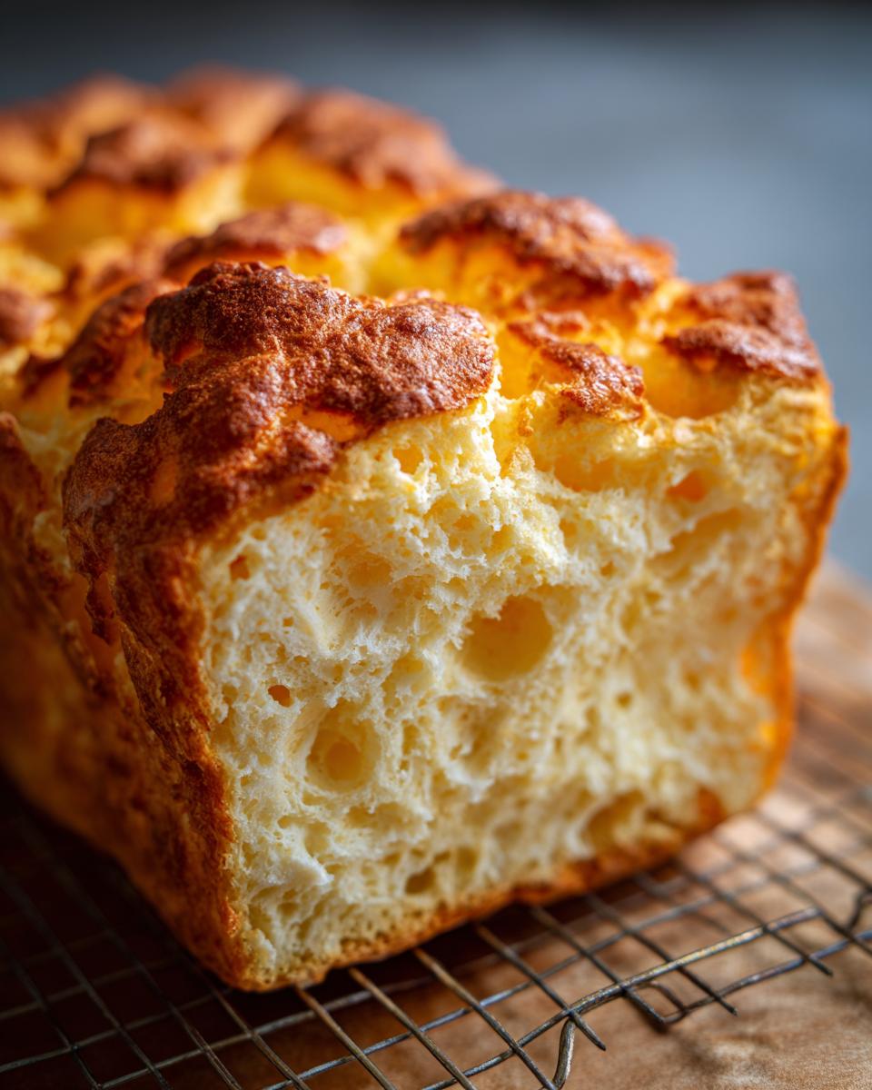 Close-up of a loaf of golden brown Cloud Bread, showcasing its airy texture and crust.