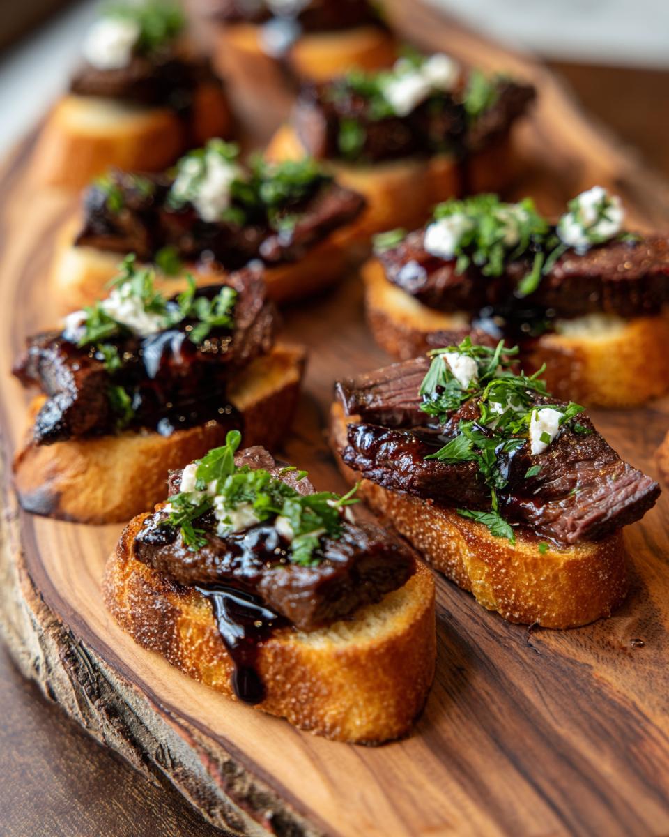 Close-up of 30-Min Gourmet Steak Crostini Bites, featuring toasted bread, steak, balsamic glaze, and herbs on a wooden board.