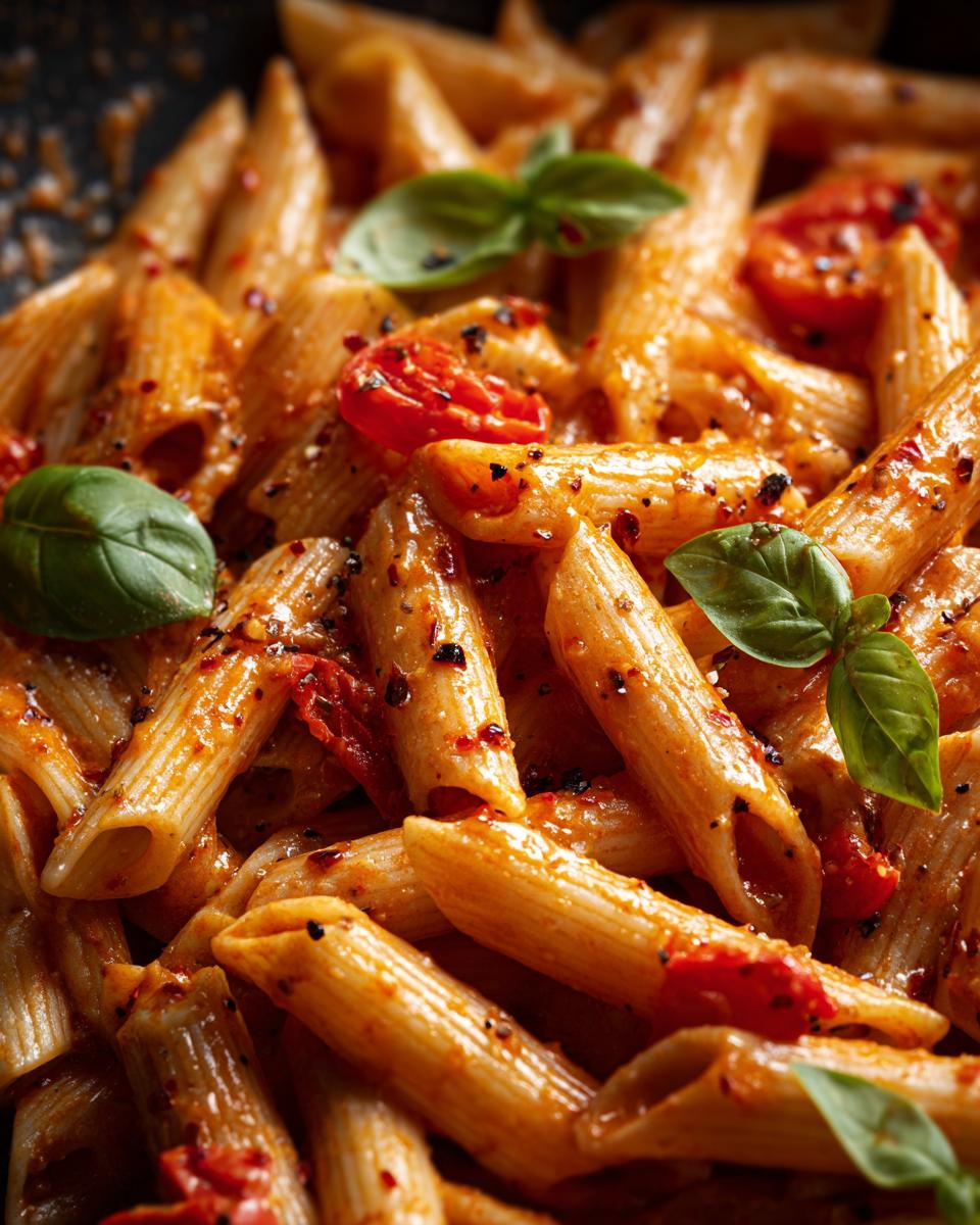 Close-up of 30-Minute One Pot Creamy Tomato Pasta with penne, tomatoes, basil, and spices.