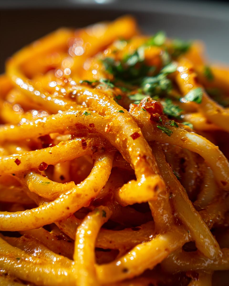 Close-up of 30-Minute One Pot Creamy Tomato Pasta, garnished with fresh herbs and chili flakes.