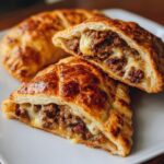 Close-up of 33-Minute Flaky Cheeseburger Pockets cut open, showing the cheesy beef filling.