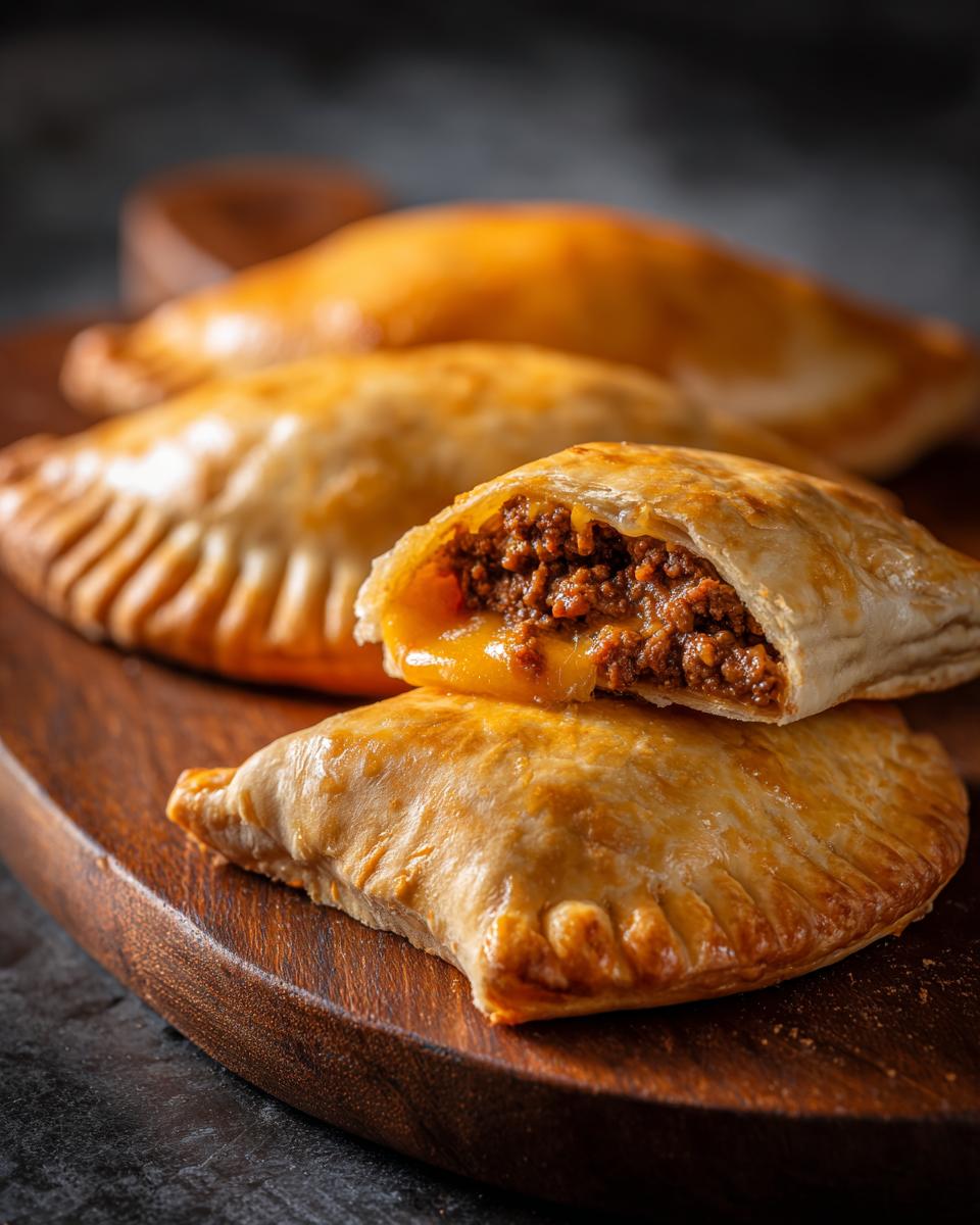 Golden brown 33-Minute Flaky Cheeseburger Pockets on a wooden board, one cut open to show the cheesy beef filling.