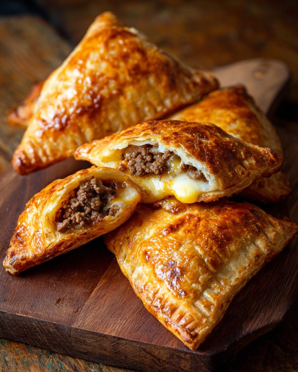 Golden, flaky 33-Minute Cheeseburger Pockets filled with ground beef and melted cheese on a wooden board.