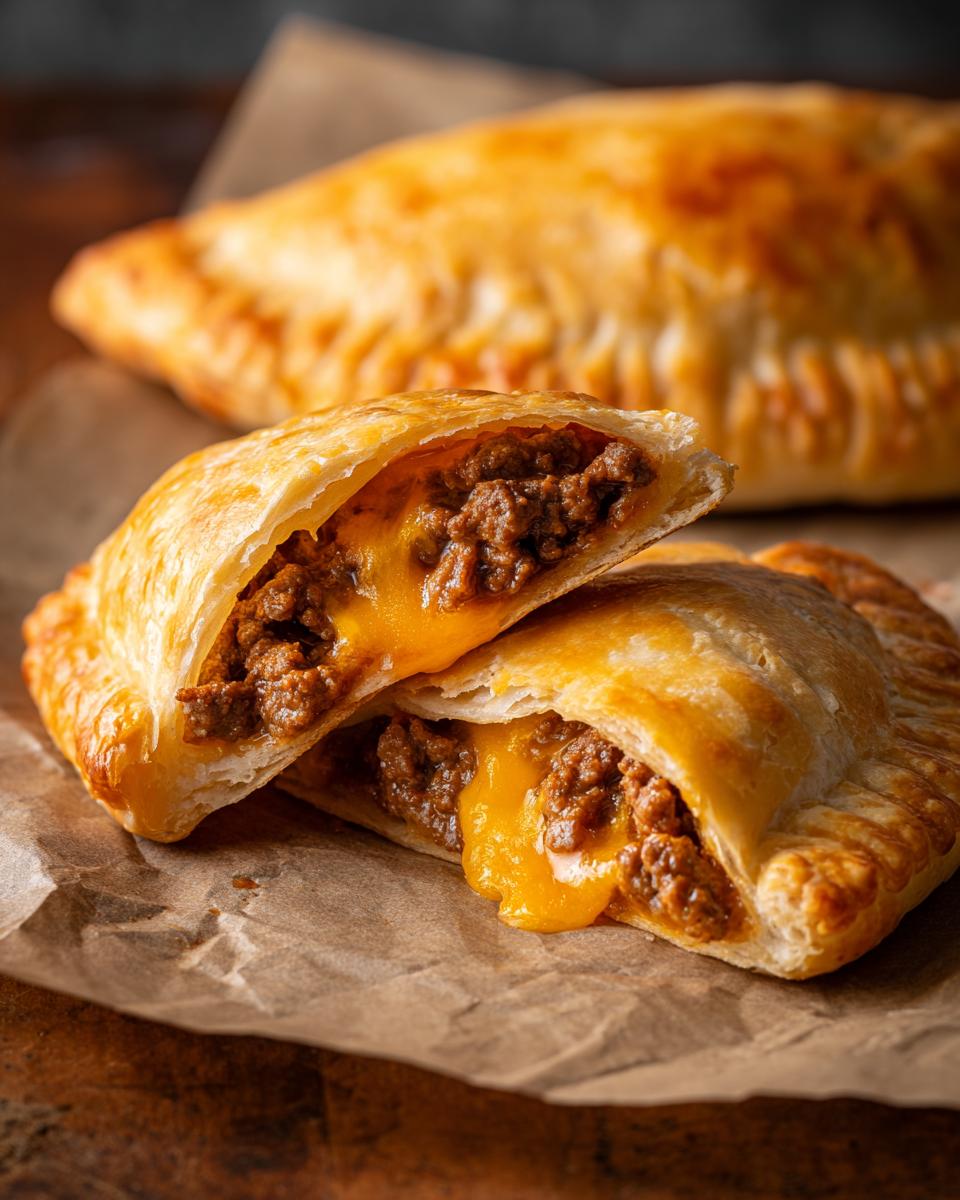 A 33-Minute Flaky Cheeseburger Pockets cut in half, revealing a cheesy, beefy filling inside a golden crust.