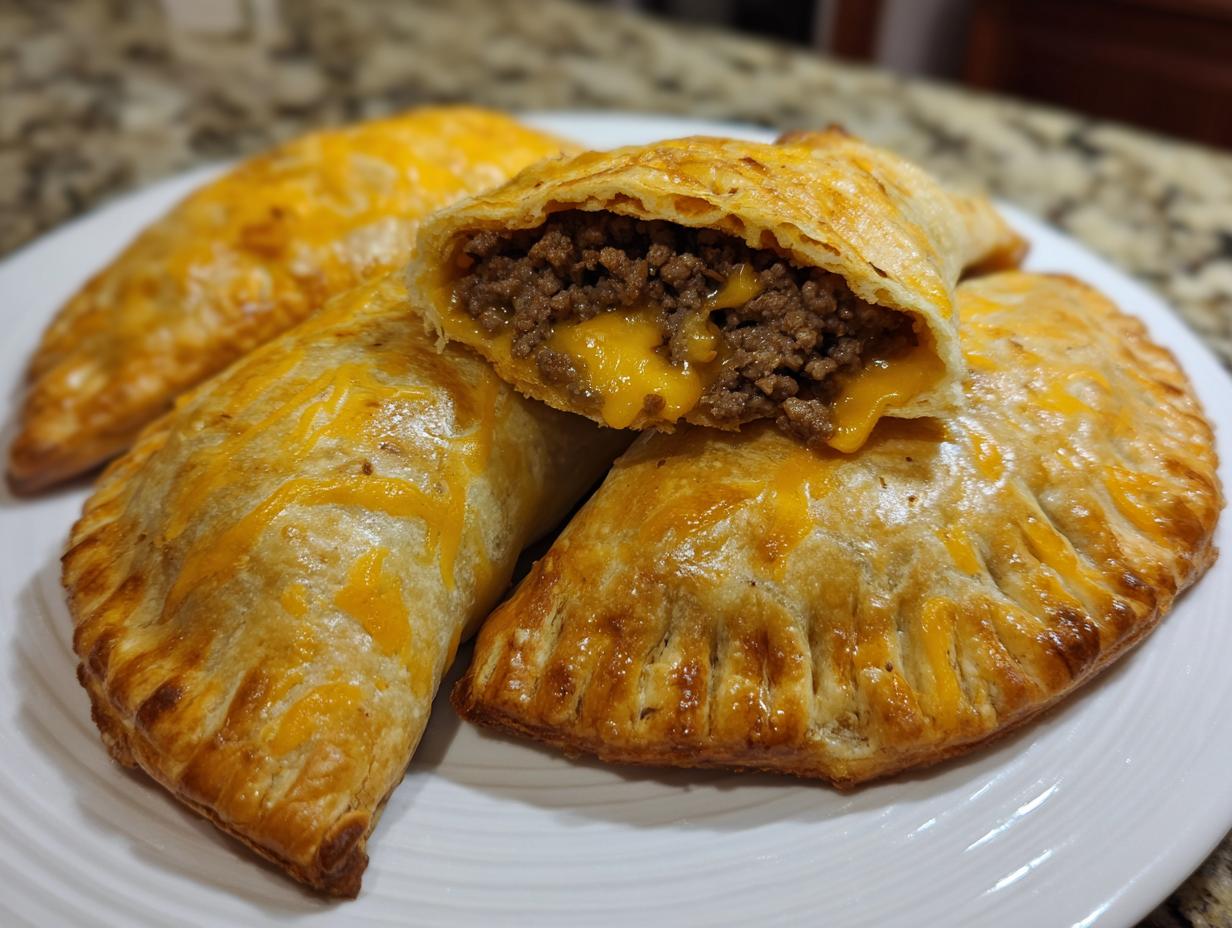 Golden, flaky 33-Minute Cheeseburger Pockets, one cut open to show the cheesy beef filling.
