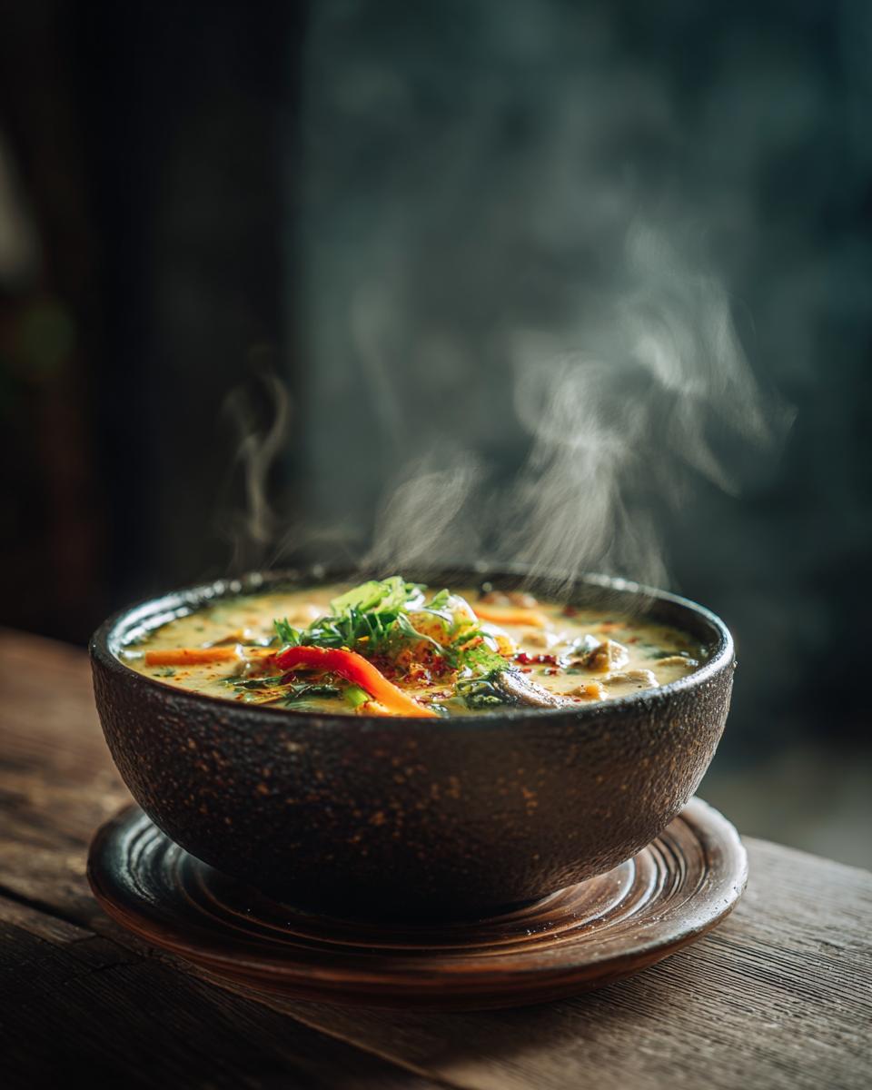 Steaming bowl of 35-Min Coconut Curry Soup with vegetables and herbs on a wooden table.