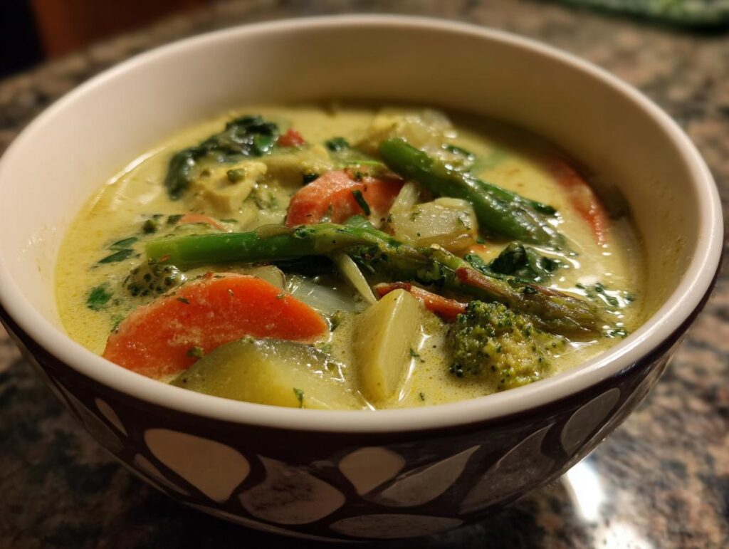Close-up of a bowl of 35-Min Coconut Curry Soup, featuring vegetables like carrots, asparagus, and broccoli.