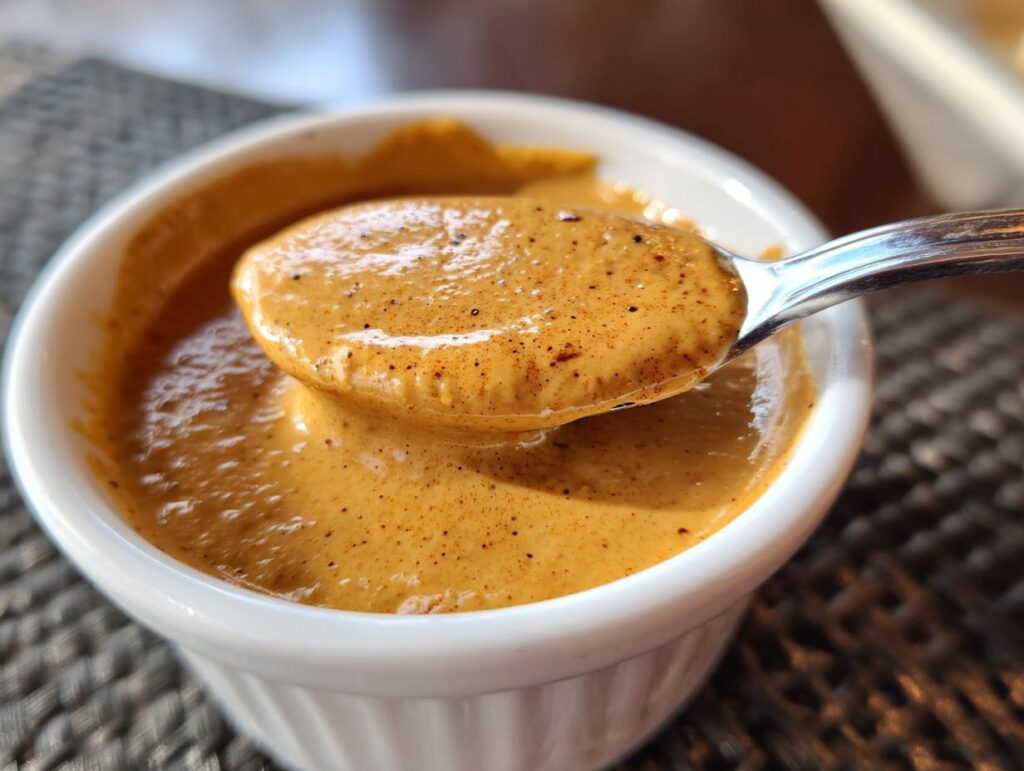 Close-up of 5-Minute Copycat Smash Burger Sauce on a spoon over a small white bowl.