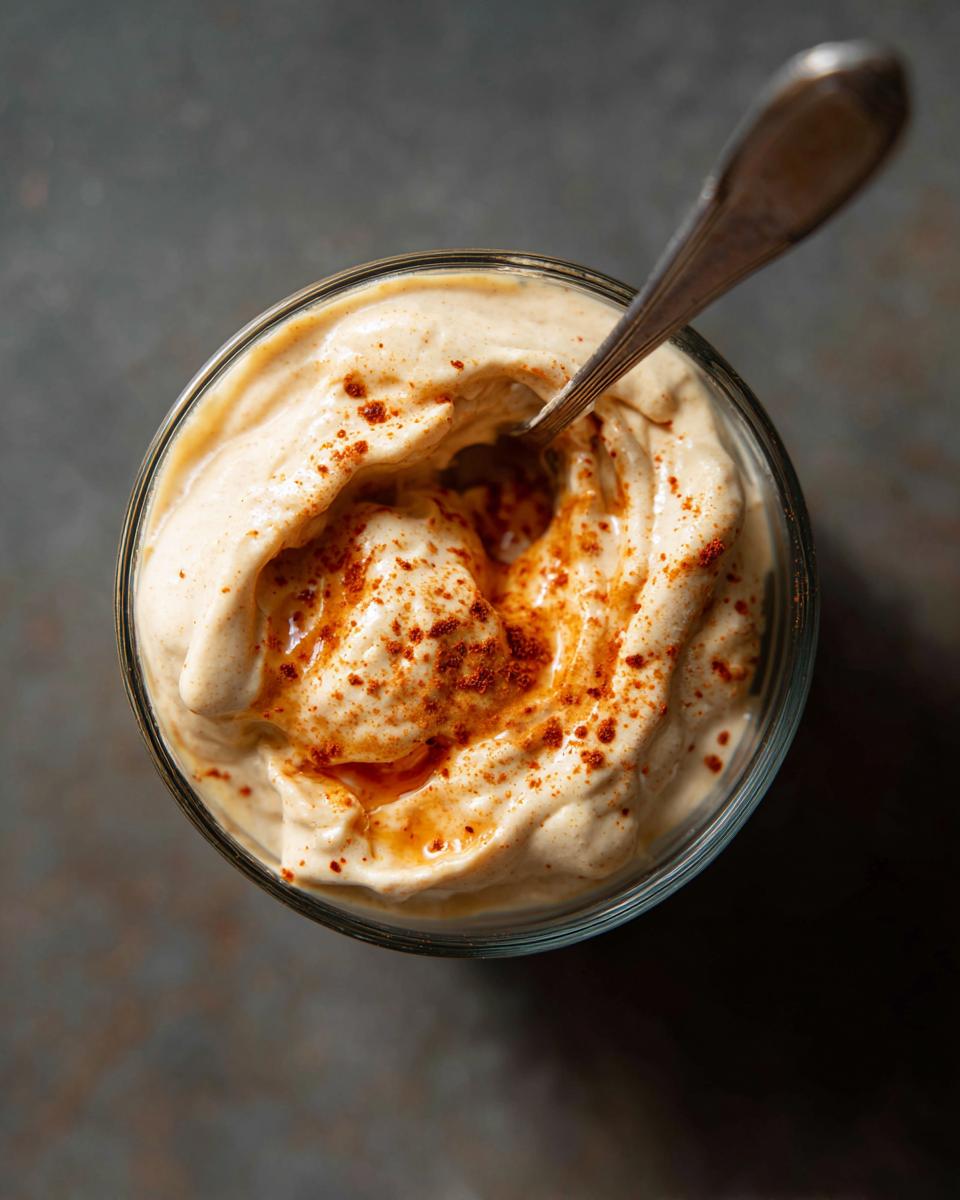 Overhead shot of 5-Minute Copycat Smash Burger Sauce in a glass with a spoon, sprinkled with seasoning.