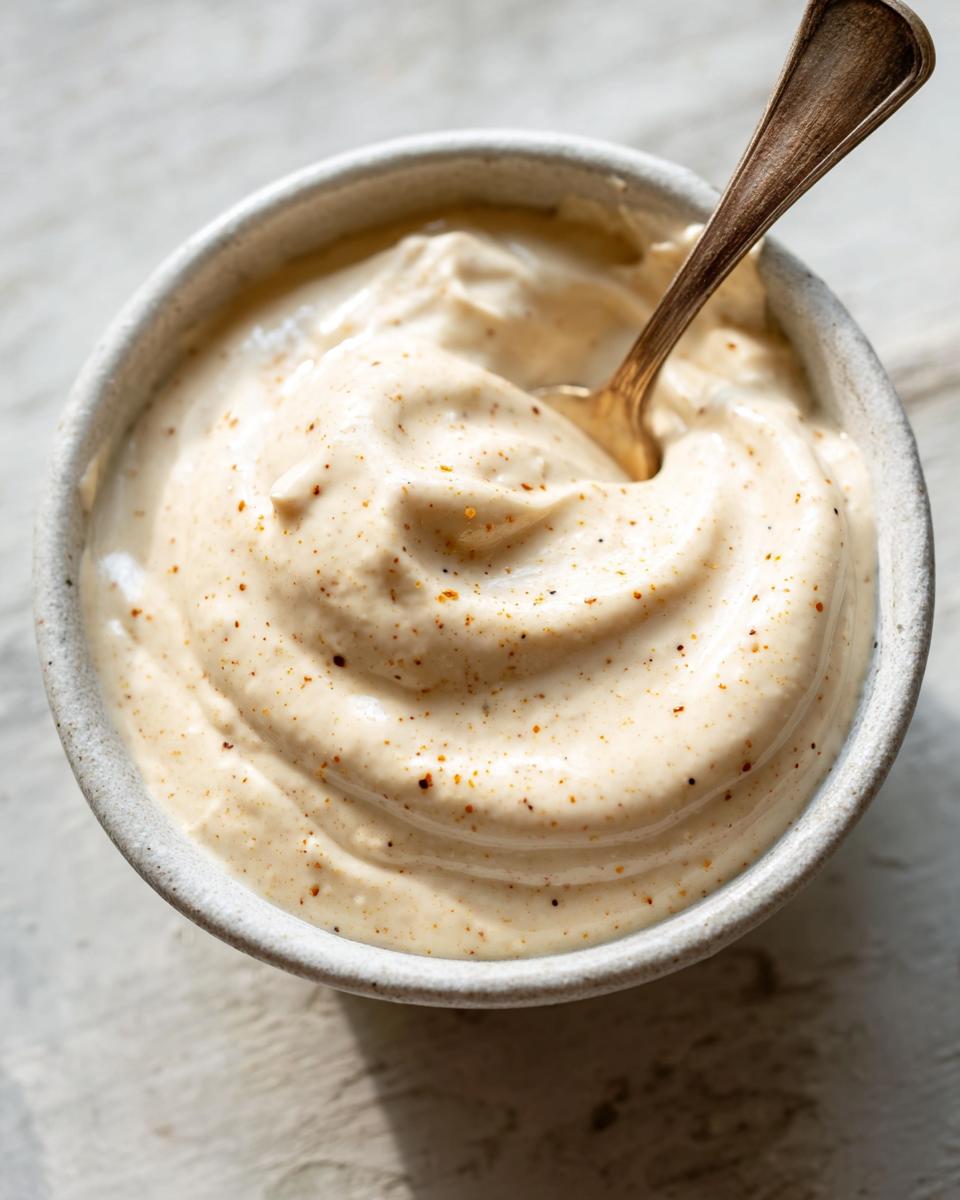 Bowl of 5-Minute Creamy Horseradish Sauce with a spoon, showing its creamy texture and speckled appearance.