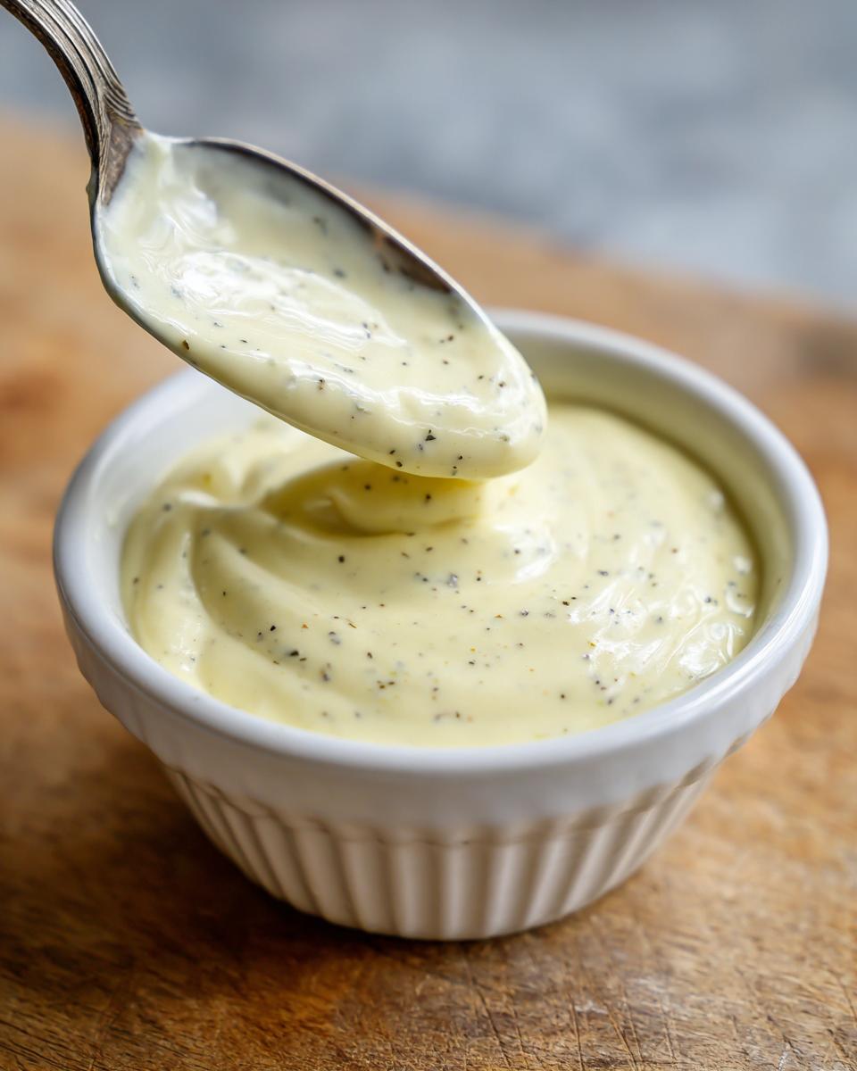 A spoonful of 5-Minute Creamy Horseradish Sauce being lifted from a bowl, showing its creamy texture.