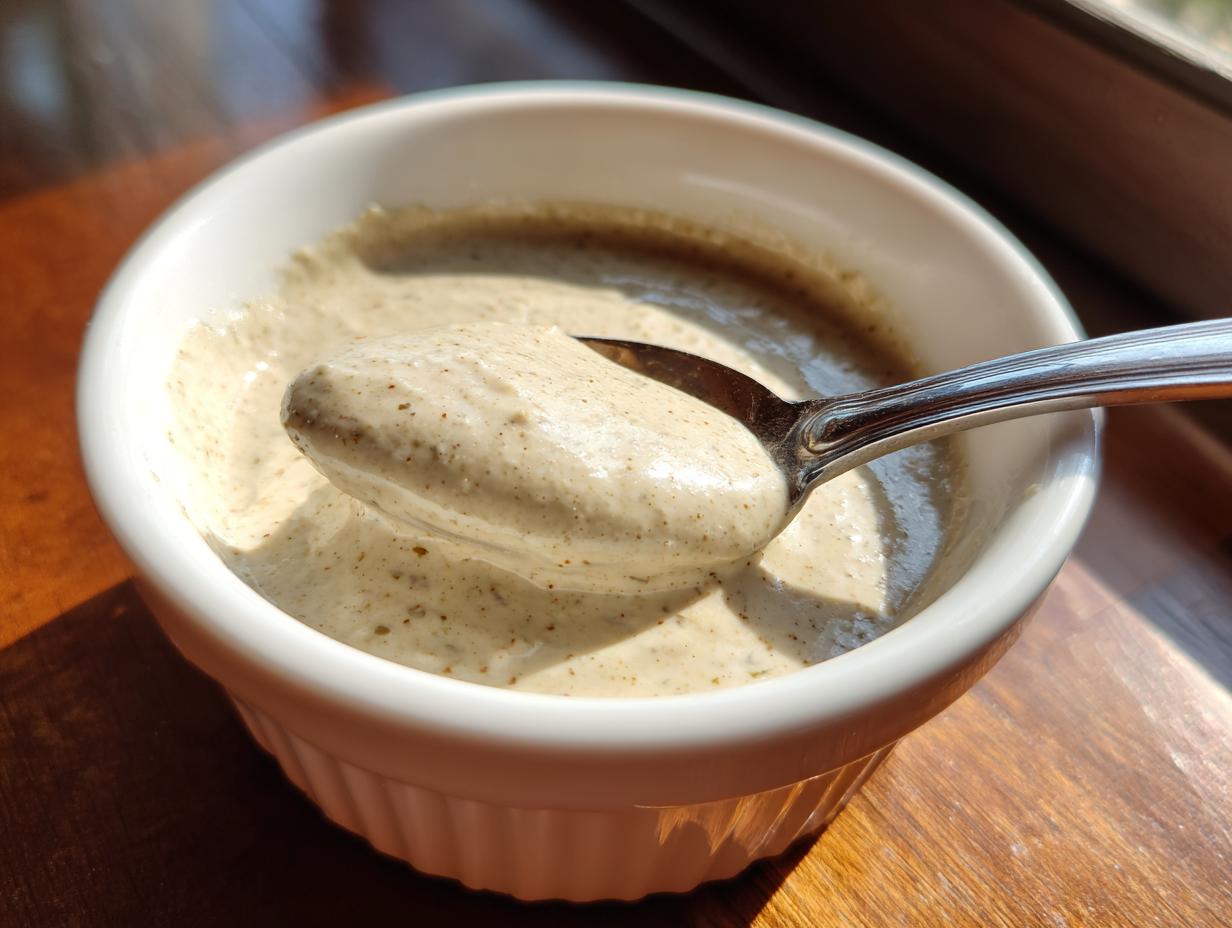 A bowl of 5-Minute Creamy Horseradish Sauce with a spoonful being lifted, showcasing its texture.