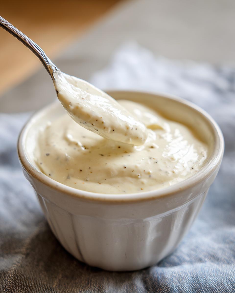Close-up of 5-Minute Creamy Horseradish Sauce in a white bowl with a spoonful being lifted out.