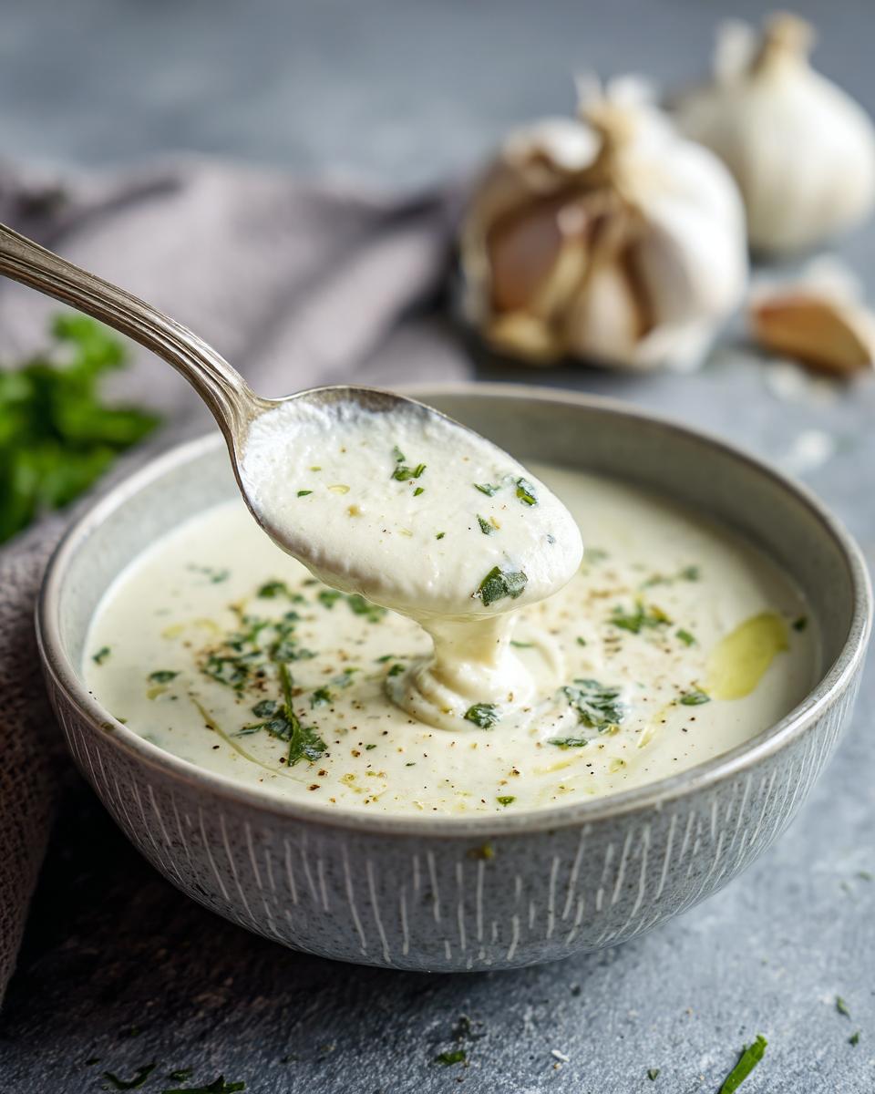 Close-up of 5 Minute Garlic Parmesan Cream Sauce being poured from a spoon into a bowl, garnished with herbs.