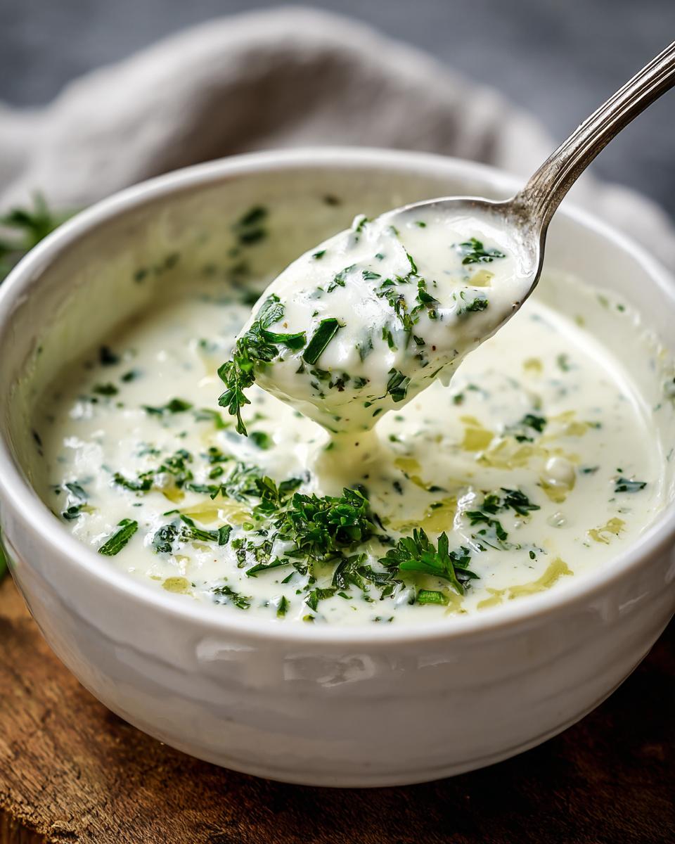 Close-up of 5 Minute Garlic Parmesan Cream Sauce in a white bowl, with a spoonful being lifted.