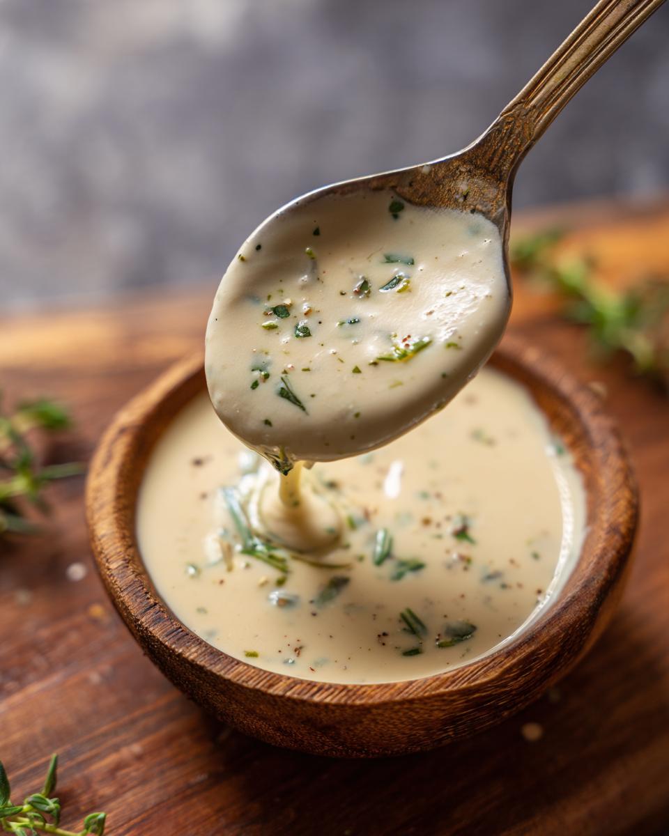 Spoonful of 5 Minute Garlic Parmesan Cream Sauce dripping into a wooden bowl, garnished with herbs.