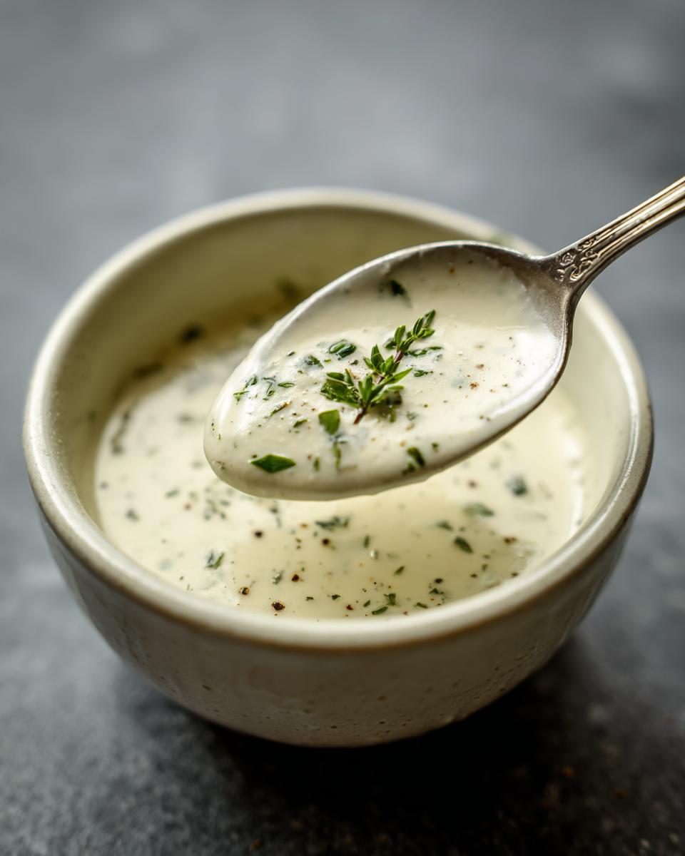 Close-up of creamy 5 Minute Garlic Parmesan Cream Sauce on a spoon, garnished with fresh herbs.