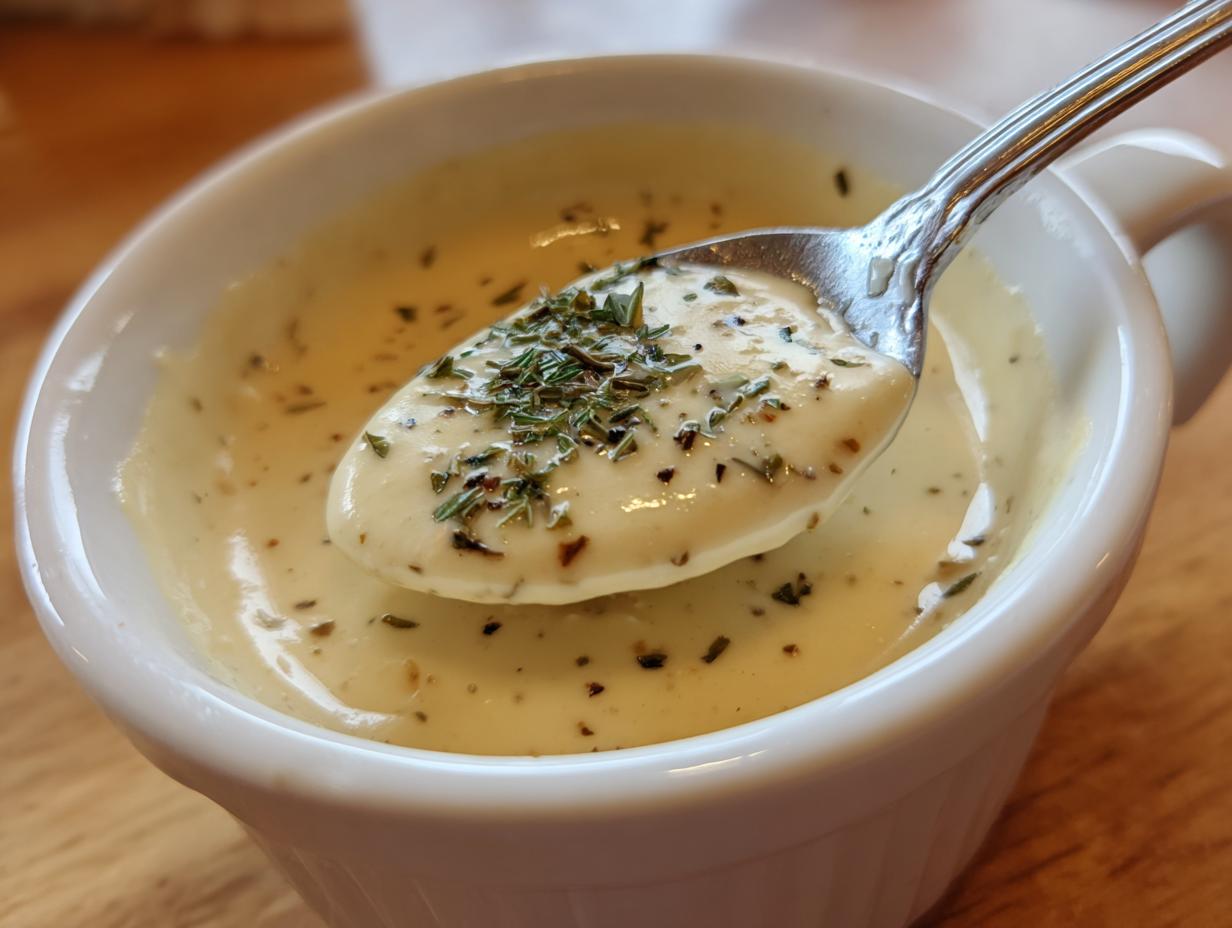 Spoonful of creamy 5 Minute Garlic Parmesan Cream Sauce over a white bowl, garnished with herbs.